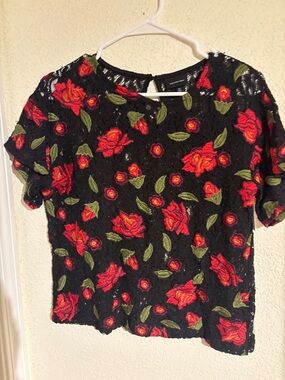 Who What Wear Black Lace Top with Red Rose Embroidery